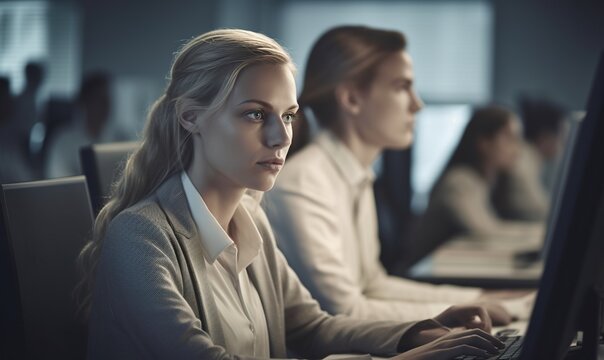 A somber and feminine image of a young business Norwegian woman in the style of atmospheric and moody lighting, surrounded by academia and workers in a large office working on their
