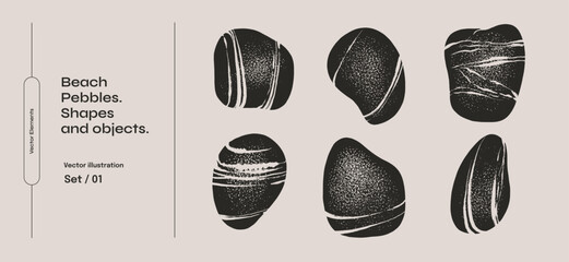 Black smooth stones of various shapes. Beach pebbles on a light background. Black objects, vector illustra􀆟on. Abstract shapes for your design.