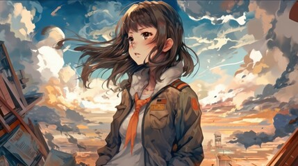 Portrait of little girl that is in the center of a huge cloud, anime style. Beautiful illustration picture. Generative AI