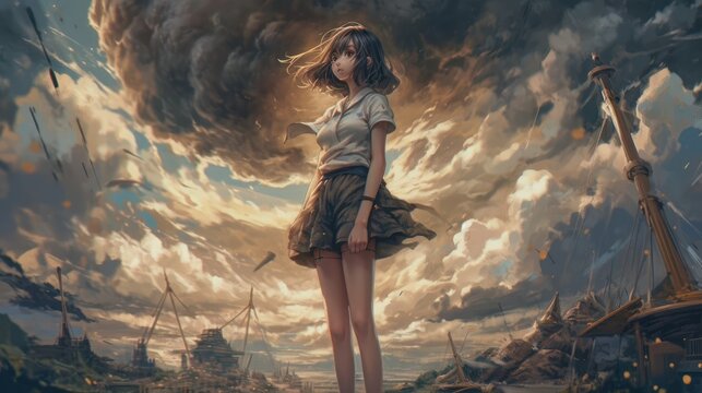 Little Girl In The Center Of A Huge Cloud, Anime Style. Beautiful Illustration Picture. Generative AI