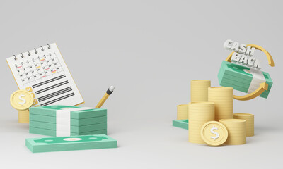 Wallet with dollar and credit cards. Realistic 3D render design in cartoon style. creative concept business finance investment exchange rebate, save money and monthly expenses. with advertising space