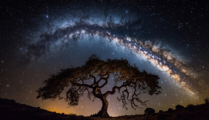 Fototapeta na wymiar silhouette of tree and milky way in the night sky. generated AI.