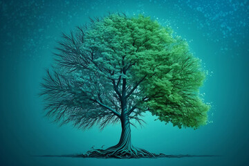 magical green tree silhouette on blue background. generated by AI