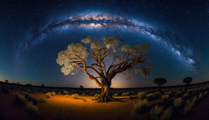 Fototapeta na wymiar silhouette of tree and milky way in the night sky. generated AI.