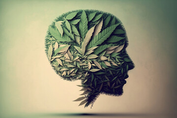 human brain made of hemp (medical marijuana,  cannabis) leaves. generated by AI.