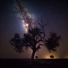 Naklejka na ściany i meble silhouette of tree and milky way in the night sky. generated AI.