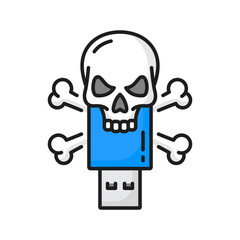 Computer virus on flash drive, danger of infection with malicious programs, viruses color line icon. Vector malware virus danger, skull head