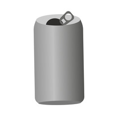 Image of an open metal can of carbonated drinks in gray on a white background