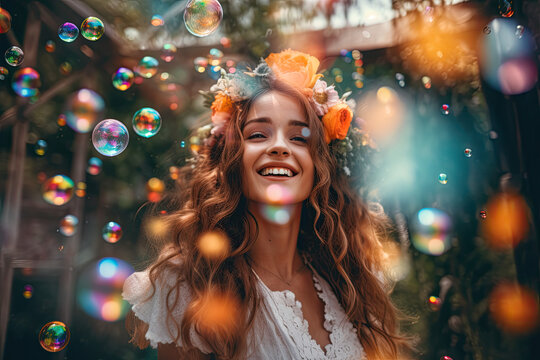 Portrait of a woman with wavy brown hair smiling with colourful bubbles all around. Generative Ai.