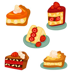 Delicious desserts, pastries, cupcakes, and chocolate slices. Set of colorful cartoon vector illustrations isolated on white background.