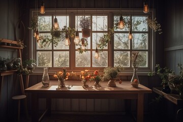 Fototapeta na wymiar A room with a table, window, hanging lights, and flowers in vases. Generative AI