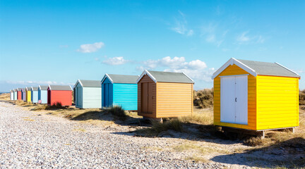 Fototapeta na wymiar Beach huts or bathing houses on the beach background