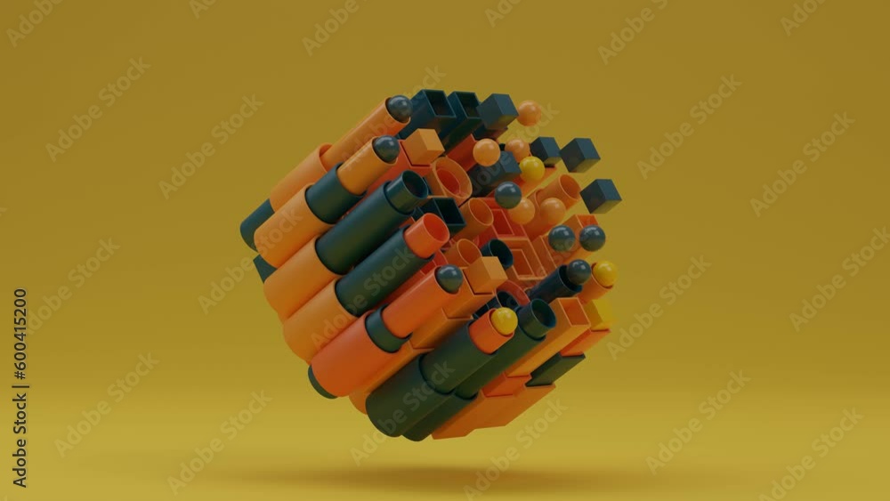 Poster loop animation of a set of geometric shapes, pipes, cylinders, cubes, spheres. reciprocating motion,