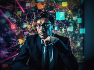Stress at work. A portrait of a stressed business man surrounded by screens and technology. Generative AI