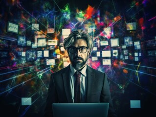 Stress at work. A portrait of a stressed business man surrounded by screens and technology. Generative AI