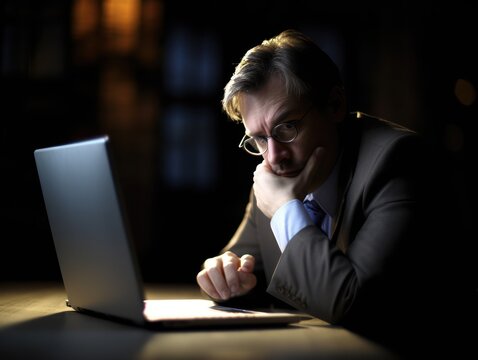 Stress At Work. A Candid Shot Of A Stressed Business Man Hunched Over His Computer. Generative AI