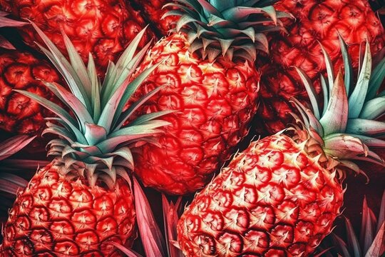 A seamless pattern of red pineapples on a watercolor background, perfect for a tropical theme. Generative AI