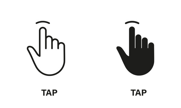 Tap Gesture, Hand Cursor of Computer Mouse Line and Silhouette Black Icon Set. Touch, Click, Press, Swipe, Point Symbol Collection. Pointer Finger Pictogram. Isolated Vector Illustration