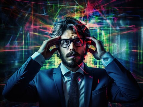 Stress at work. A portrait of a stressed business man surrounded by screens and technology. Generative AI