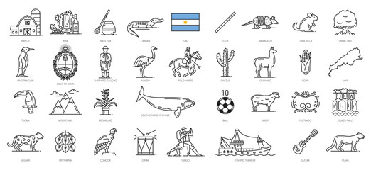 Argentina line icons, Argentine travel symbols and tourism landmarks, vector culture, food and tradition. Argentina flag and map outline icons, wine and mate tea, soccer and Argentinian tango - obrazy, fototapety, plakaty