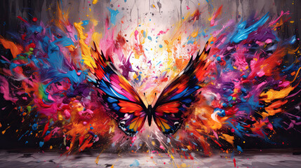 Butterfly against an exploding vibrant paint explosion. Generative Ai.