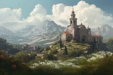 A painting of a historic church with domes in a green valley, mountains, clouds, cobblestones, and flowers. Generative AI
