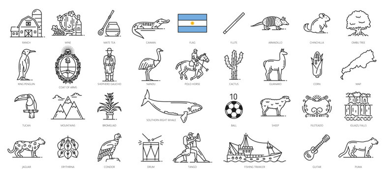 Argentina line icons, Argentine travel symbols and tourism landmarks, vector culture, food and tradition. Argentina flag and map outline icons, wine and mate tea, soccer and Argentinian tango