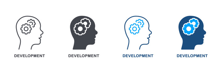 Brain and Cog Wheel Development Silhouette and Line Icon Set. Human Head with Gear Brainstorm, Intellectual Process Pictogram. Education Development Symbol Collection. Isolated Vector Illustration