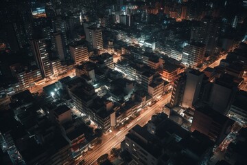 Fototapeta na wymiar Bird's-eye view of a modern city with tilt-shift effect at night. Generative AI