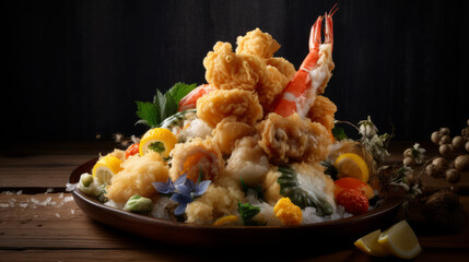 Tempura - Japanese deep-fried seafood and vegetables. Generative AI Art Illustration