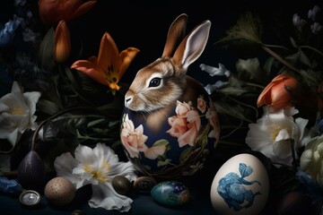 Rabbit, flower and egg easter pattern in watercolor on dark background. Generative AI