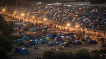 Refugee camp, multitude of tents sheltering displaced individuals due to loss of homes from climate change, generative ai - obrazy, fototapety, plakaty
