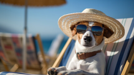 Fototapeta na wymiar Adorable Jack Russell dog wearing straw hat and sunglasses, relaxing on a hammock at the beach, generative ai