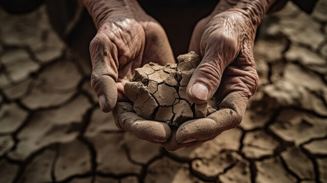 Hunger Problem Caused By Desertification And Drought, Close-up Of Elderly Person's Hands Holding Soil As No Food Available, Generative Ai