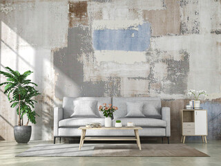 Interior living room with sofa and decorations. Scandinavian design. 3D render