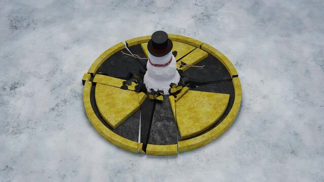 Loop 3d animation of a snowman in the center of a destroyed radiation sign. The idea of a peaceful atom, the threat of atomic war and nuclear winter. A symbol of nuclear energy and world security.