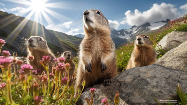 Curious Marmots in Rocky Alpine Landscape. Generative AI
