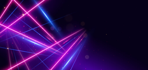 Abstract blue and pink neon diagonal glowing on dark blue background with lighting effect and sparkle. © Pramote