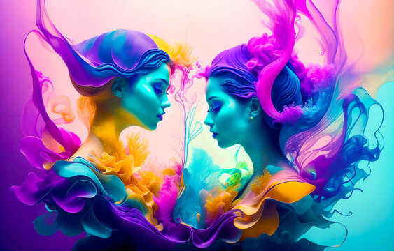 Enchanted Waters: Psychedelic Underwater Art with Colorful Ink, Women and Graceful Twins