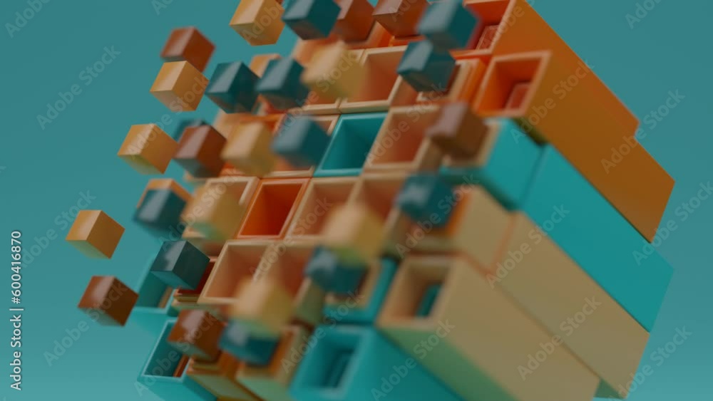 Poster loop 3d animation of a set of square pipes and cubes flying out and coming back. pipes of different 