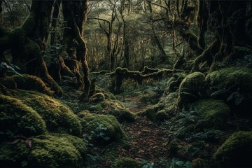 Enchanting woods covered in moss. Generative AI