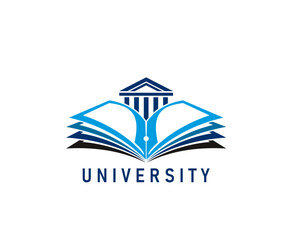 University education book icon. Library dictionary, textbook vector symbol of open book with blue paper pages, vintage fountain pen nib and university library building with pillars or columns
