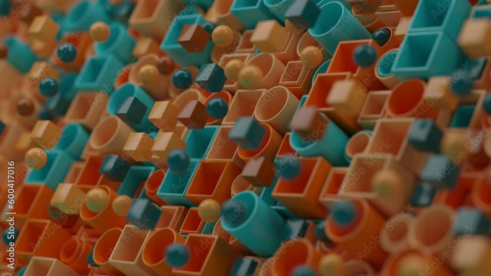 Poster loop 3d animation of multiple pipes and a square profile. cubes and spheres fly out of the pipes and