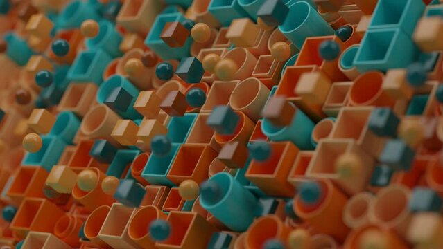 Loop 3d animation of multiple pipes and a square profile. Cubes and spheres fly out of the pipes and come back. Abstract geometric background in motion. Background blurriness and depth of field.
