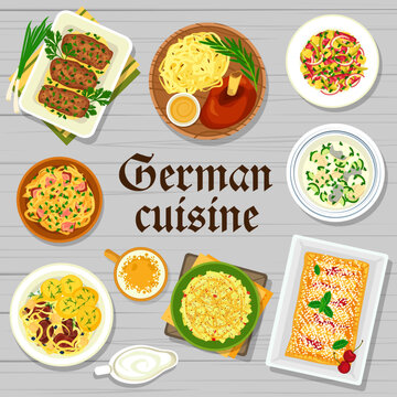 German cuisine restaurant menu cover design. Pork ribs with boiled potatoes, cherry strudel and mushroom rolls, cheese and vegetable sausage salad, roasted ham hock and fish Eintopf, Sauerkraut stew