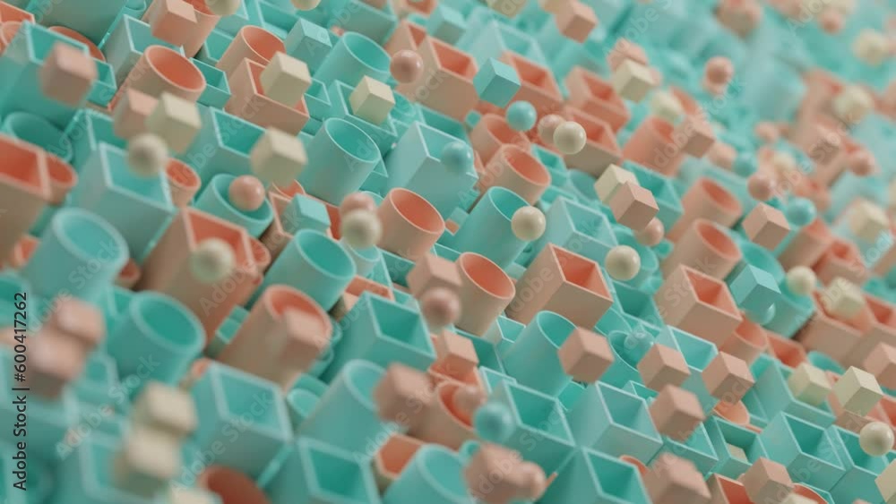 Poster loop 3d animation of the movement of a set of geometric objects. pipes and cubes with balls fly out 