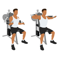 Man doing Seated Lateral raise machine. Power partials exercise. Flat vector illustration isolated on white background