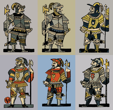 Medieval knight in armor. Set of vector illustrations in vintage style.