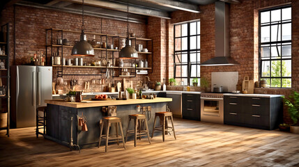 An oversized industrial kitchen island with rough wood textures, exposed brick, metal details, and...