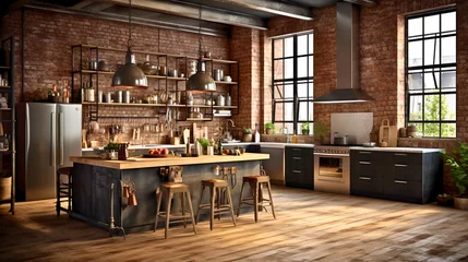 Foto op Plexiglas An oversized industrial kitchen island with rough wood textures, exposed brick, metal details, and edgy lighting in Brooklyn's loft architecture, Created with generative Ai Technology. © Roberto
